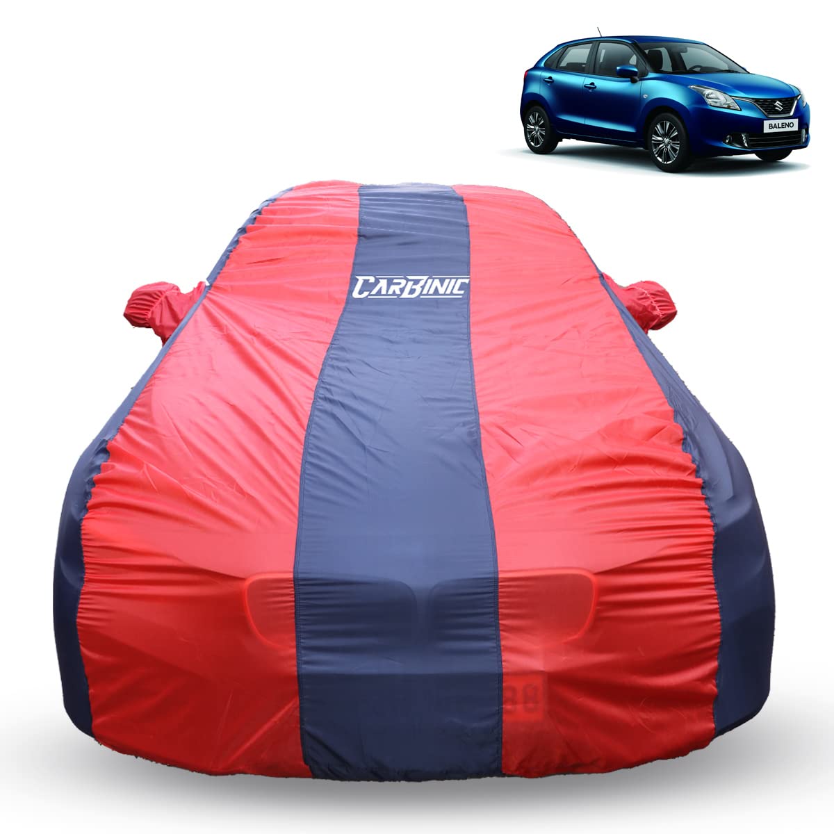 CarBinic Car Cover for Maruti Baleno 2022 Water Resistant (Tested) and Dustproof Custom Fit UV Heat Resistant Outdoor Protection with Triple Stitched Fully Elastic Surface | Blue & Red with Pockets