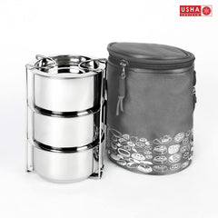 USHA SHRIRAM Stainless Steel Insulated Lunch Box with Insulated Bag |3pc (250ml each) Stackable & Leak Proof containers| Lunch Box for Kids, Office Men & Women | Insulated Bag for Extra Hot & Cold Food | Easy to Carry | Tiffin Box with Insulated Black &
