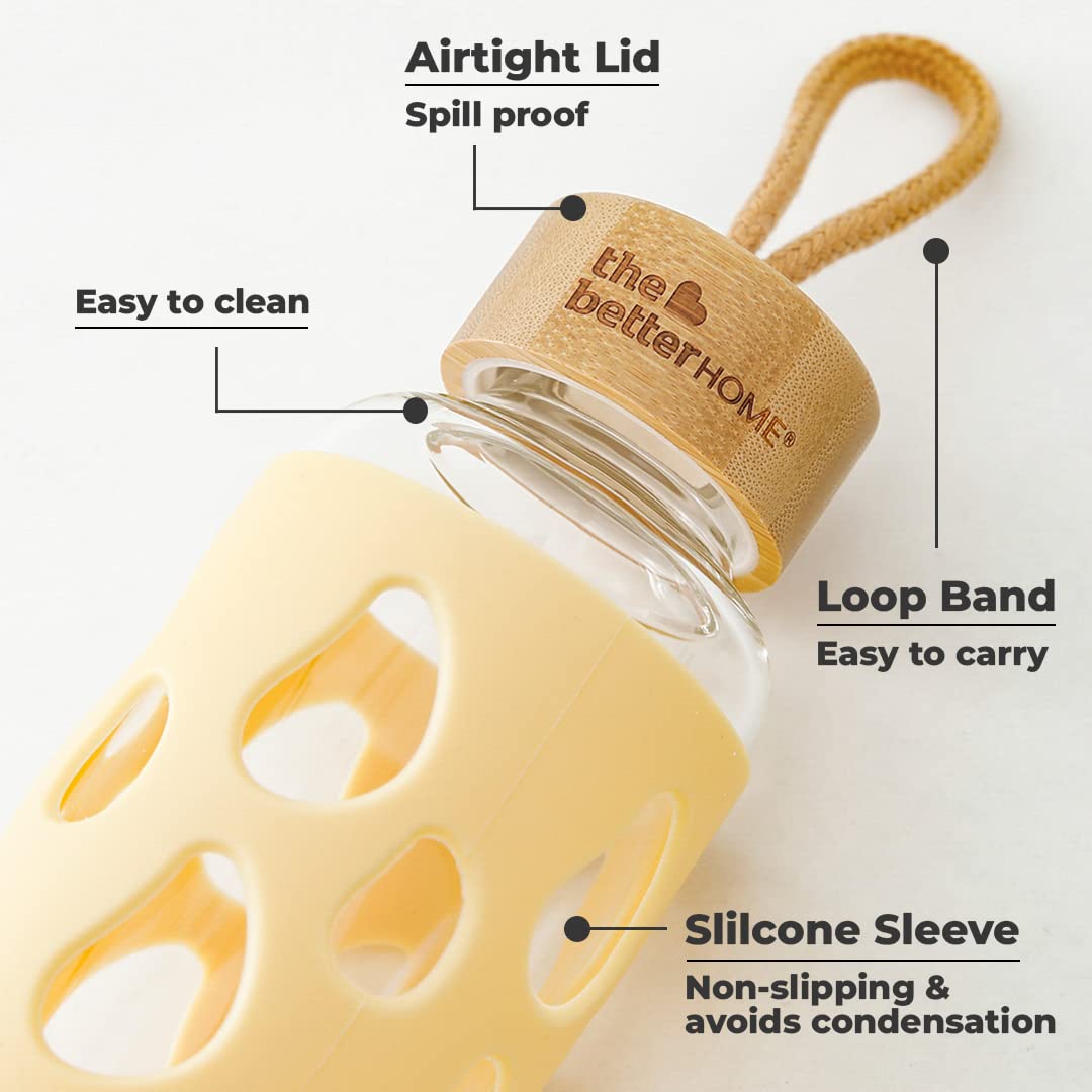 The Better Home Borosilicate Glass Water Bottle with Sleeve 550ml | Non Slip Silicon Sleeve & Bamboo Lid | Water Bottles for Fridge | Yellow (Pack of 100)