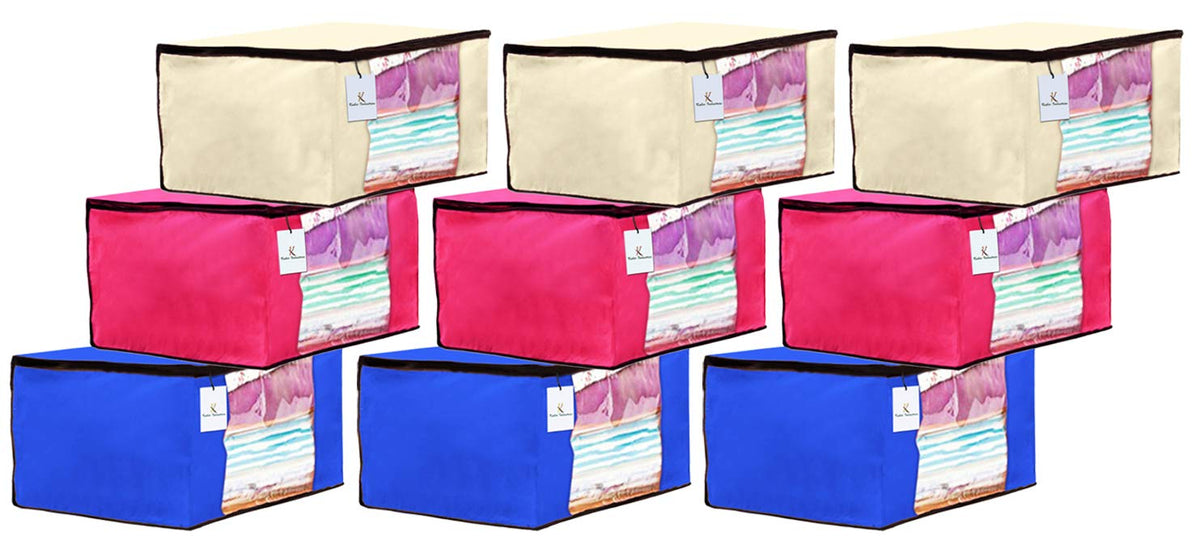 Kuber Industries 9 Piece Non Woven Fabric Saree Cover Set with Transparent Window, Extra Large, Ivory,Royal Blue,Pink-CTKTC23709
