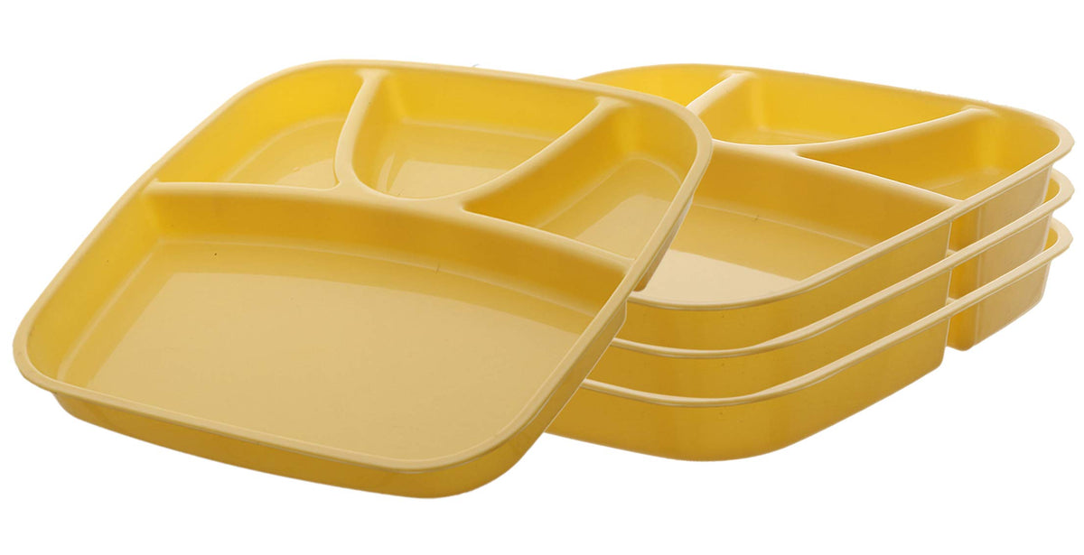 Kuber Industries 4 Pieces Microwave Safe Unbreakable Plastic Food Plate with Partitions (Yellow) - CTKTC034713