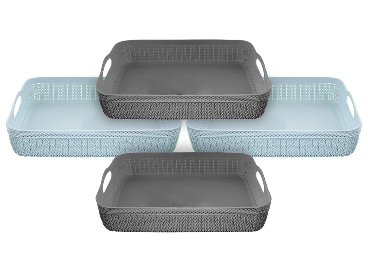 Heart Home Q-4 Multiuses Designer Unbreakable Plastic Storage Basket/Organizer/Bin For Home, Kitchen, Bathroom, Office Use Pack of 4 (Grey & Blue)-50HH01603