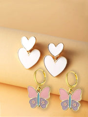 Yellow Chimes Earring For Women Combo Of 2 Pcs Gold Tone Huggie Hoop With Butterfly Charm and White Color Double Heart Drop Earrings For Women and Girls