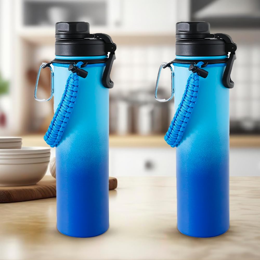 The Better Home Pack of 2 Stainless Steel Insulated Water Bottles | 960 ml Each | Thermos Flask Attachable to Bags & Gears | 6/12 hrs hot & Cold | Water Bottle for School Office Travel | Blue-Aqua