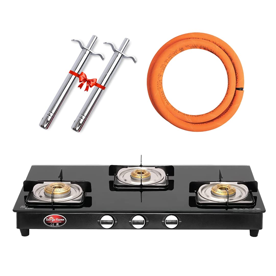 Surya Flame Nexa LPG Gas Stove 3 Burners Glass Top | LPG Gas Dual Layer Rubber Hose Pipe 1.5M | Chrome Stainless Steel Gas Lighter (Pack of 2)