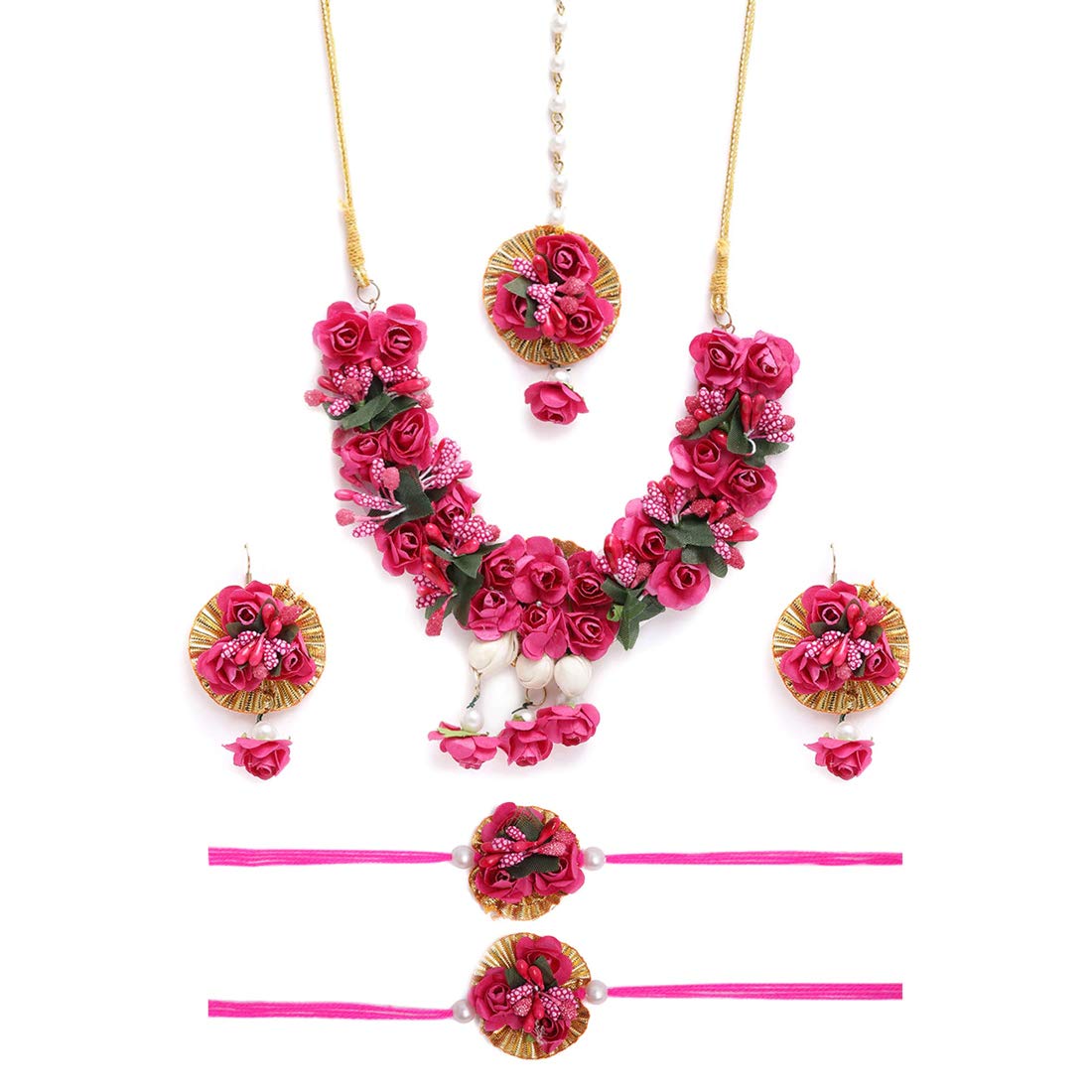 Yellow Chimes Dark Pink Flower Jewellery Set for Haldi Baby Shower Mehandi Godbharai Bahubali Paper Aritificial Jewelley Set for Women and Girls