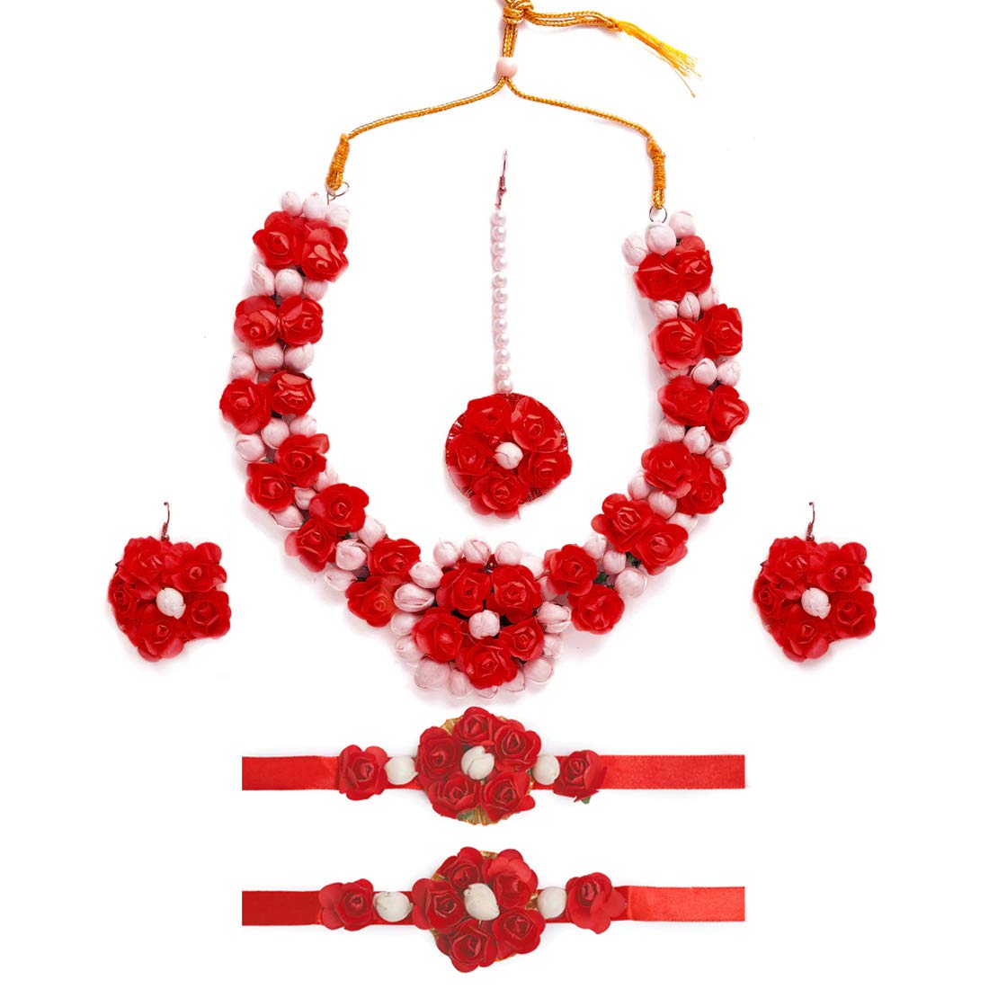 Yellow Chimes Red Flower Jewellery Set for Haldi Baby Shower Mehandi Godbharai Bahubali Paper Aritificial Jewelley Set for Women and Girls