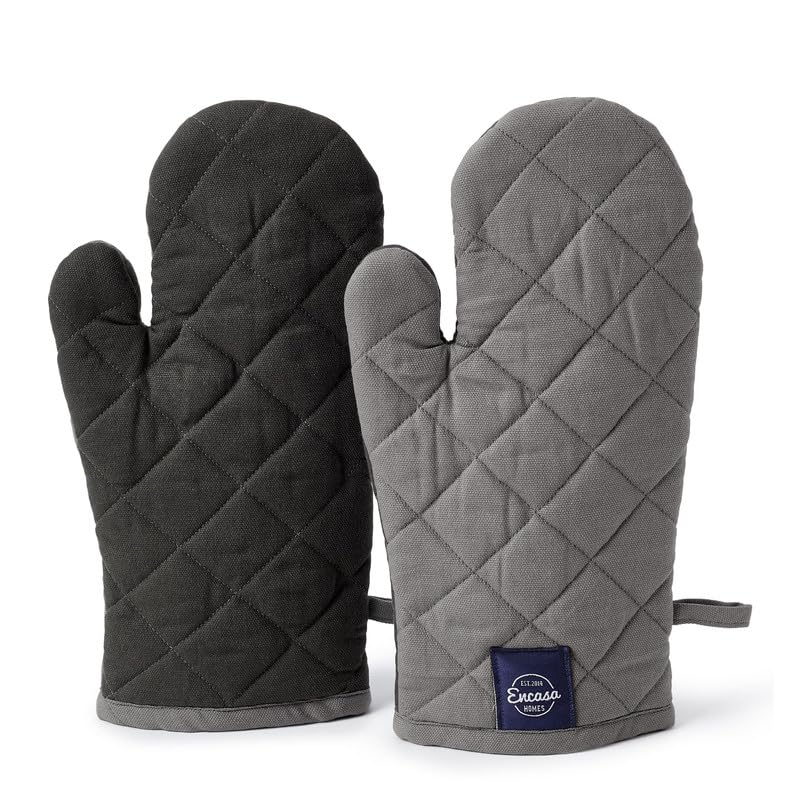 Encasa Heat Resistant Cotton Oven Gloves Mitts (2 Pc Set) - Quilted & Safe 18x30 cm - for Kitchen, Cooking & Baking, Grilling, Handling Hot Pots & Pans - Grey+Charcoal Grey