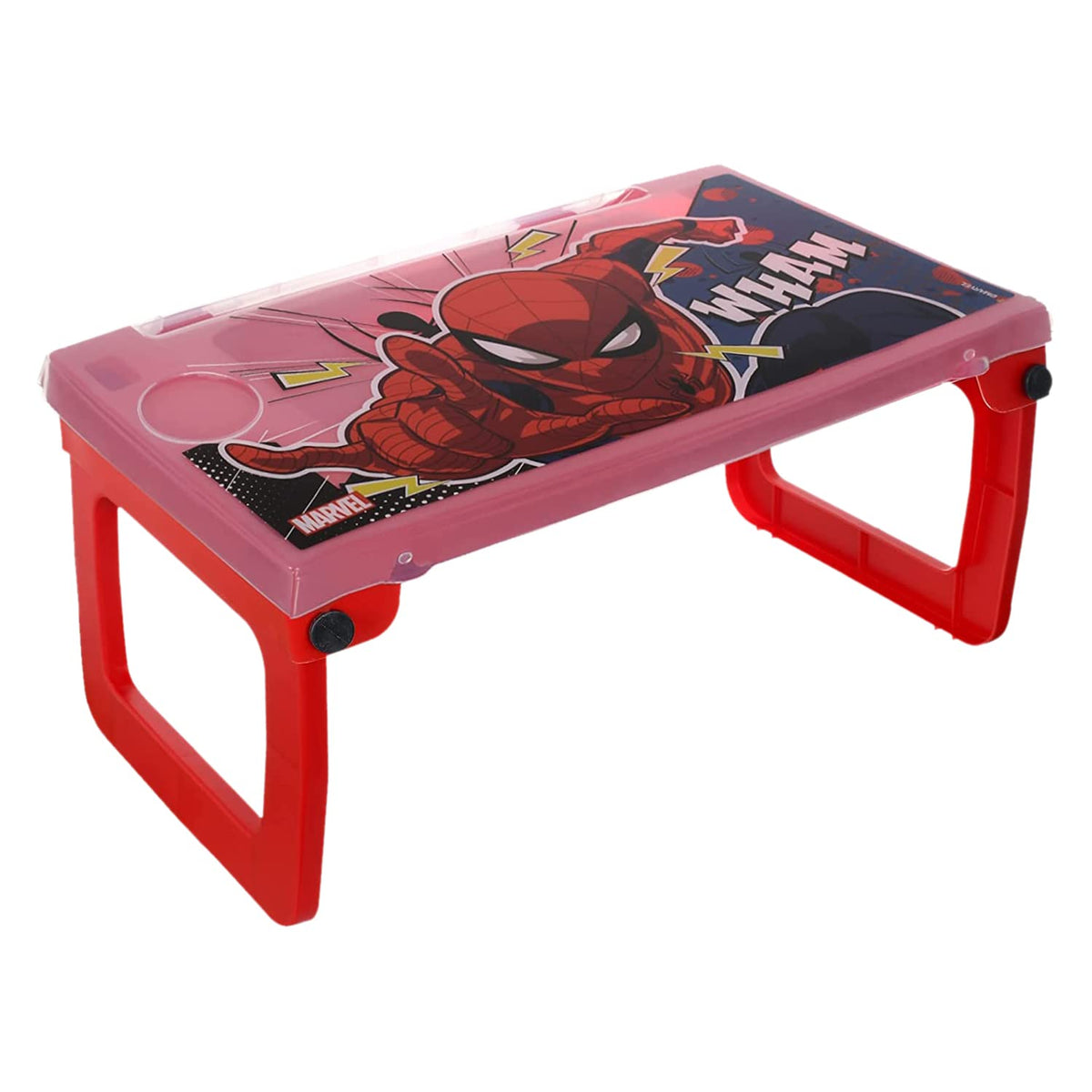 Kuber Industries Marvel Spiderman Study Table|Foldable Plastic Laptop Desk with Storage Compartments & Protective Lid (Red)