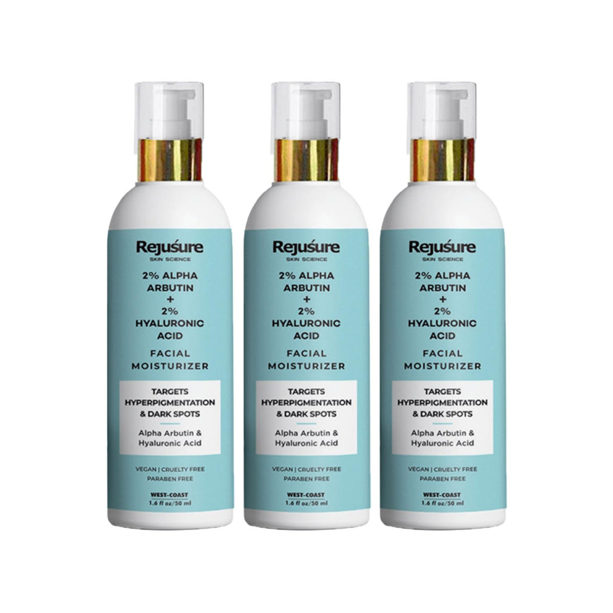 Rejusure Alpha Arbutin 2% + Hyaluronic Acid 2% Face Moisturizer For Pigmentation, Dark Spots & Sun Tanning, Remove Blemishes, Acne Marks & Uneven Skin Tone - 50ml (Pack of 3)