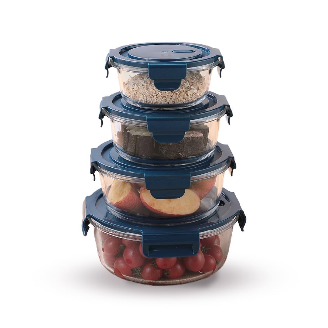 Homestic Kitchen Containers | Air Tight Containers for Storage | Microwave & Freezer Safe Box | Kitchen Organizer with Lid | Round Contaniner | JINGDA015 | Set of 4 | Blue