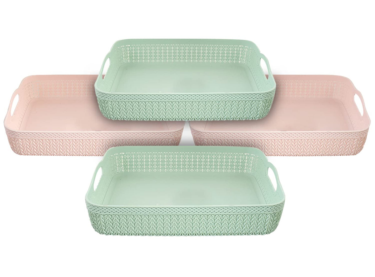 Heart Home Q-3 Multiuses Designer Unbreakable Plastic Storage Basket/Organizer/Bin For Home, Kitchen, Bathroom, Office Use Pack of 4 (Green & Pink)-50HH01543