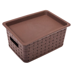 Kuber Industries BPA Free Attractive Design Multipurpose Large Trendy Storage Basket With Lid|Material-Plastic|Color-Brown|Pack of 1