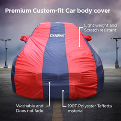 CARBINIC Car Body Cover for Tata Tiago 2021 | Water Resistant, UV Protection Car Cover | Scratchproof Body Shield | Dustproof All-Weather Cover | Mirror Pocket & Antenna | Car Accessories, Blue Red