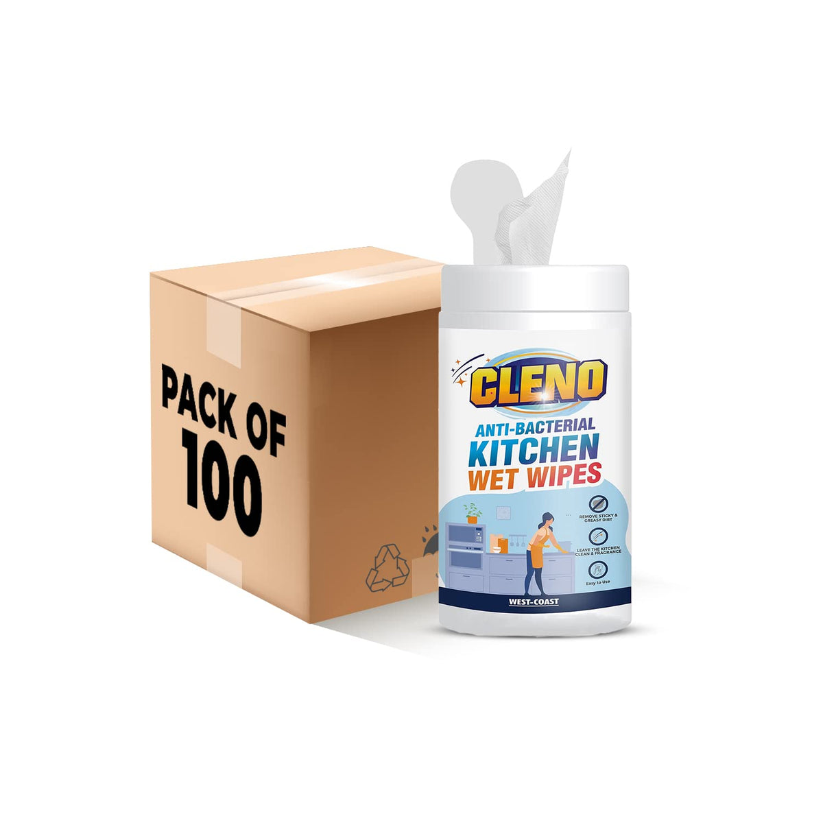 Cleno Kitchen Wet Wipes to Clean Sticky, Greasy Dirt on Platform, Shelves, Jars, Floor & Sink - 50 Wipes (Ready to Use) (Pack of 100)