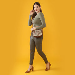 THE CLOWNFISH Garnet Series Printed Handicraft Fabric & Tapestry Crossbody Sling Bag for Women Ladies Single Shoulder Bag Shoulder Belt (Brown-Floral)