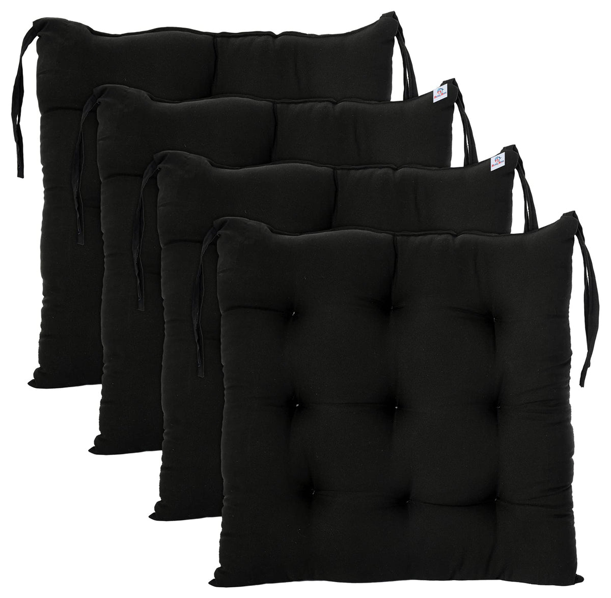 Heart Home Microfiber Square Chair Pad Seat Cushion for Car Pad, Office Chair, Indoor/Outdoor, Dining Living Room, Kitchen with Ties-Pack of 4, 18 * 18 Inch (Black)