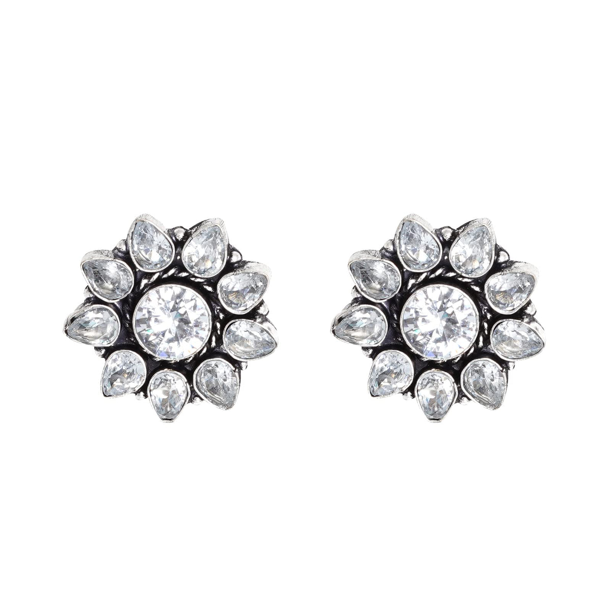 Teejh Hrida White Stone Silver Oxidised Stud Earrings