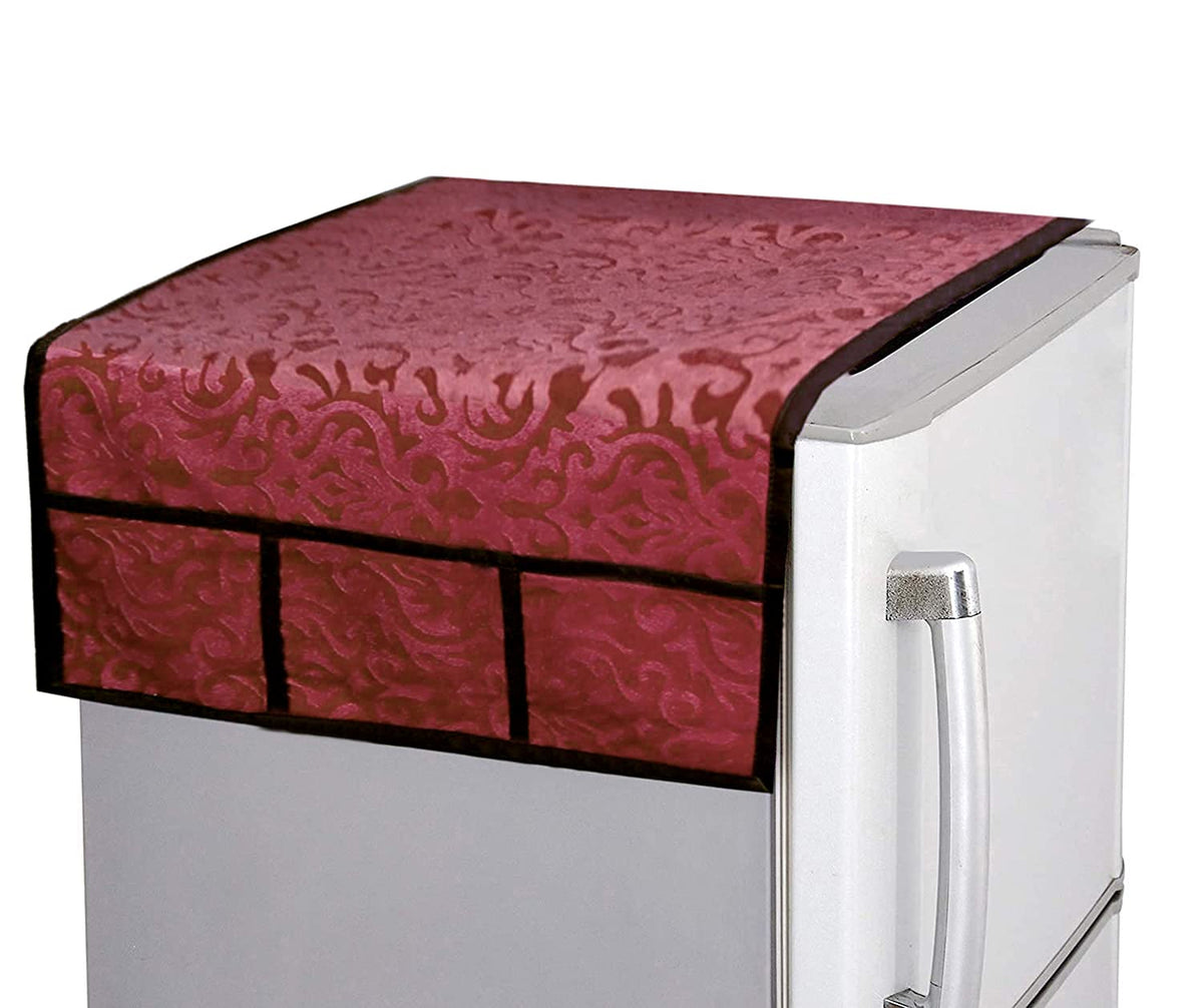 Kuber Industries Floral Textured Design Velvet Fridge Top Cover, Protect for Scratches, Waterproof, Wear & Tear and Dust with 6 Utility Side Pockets (Wine)-HS_38_KUBMART21075, Standard