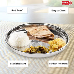 USHA SHRIRAM Stainless Steel Plate Set (29cm - 6Pcs) | Heavy Guage | Family Dinner Gift Set | Deep Base | Glossy Finish, Durable, Easy to Clean, Stackable
