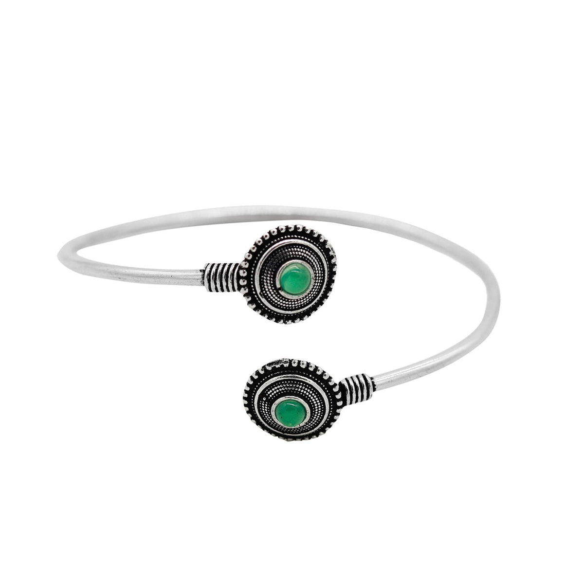 TEEJH Aparna Green Circular Silver Oxidized Bracelet for Women