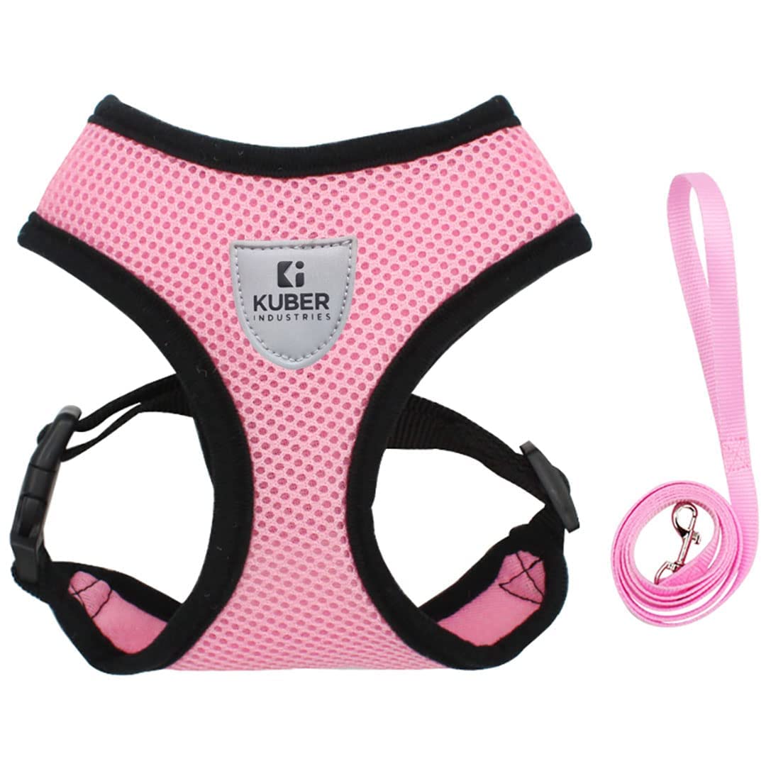 Kuber Industries Reflective Dog Harness with Adjustable Leash|Breathable Polyester Mesh Fabric with Top Carry Handle|Large Size|HAT-818|Comfortable No-Pull Grip|Quick Release Buckles|Pink