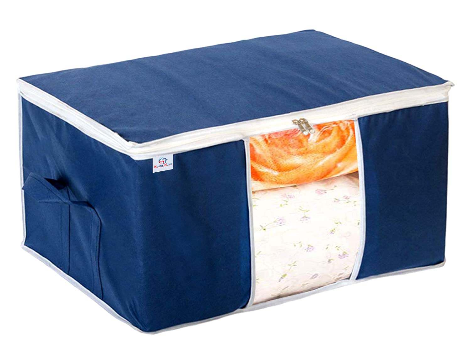 Heart Home Clothing Storage Bags, Under Bed Foldable Organizer, Store Blankets, Clothes With Tranasparent Window- Pack of 4 (Navy Blue)-HS_38_HEARTH21711