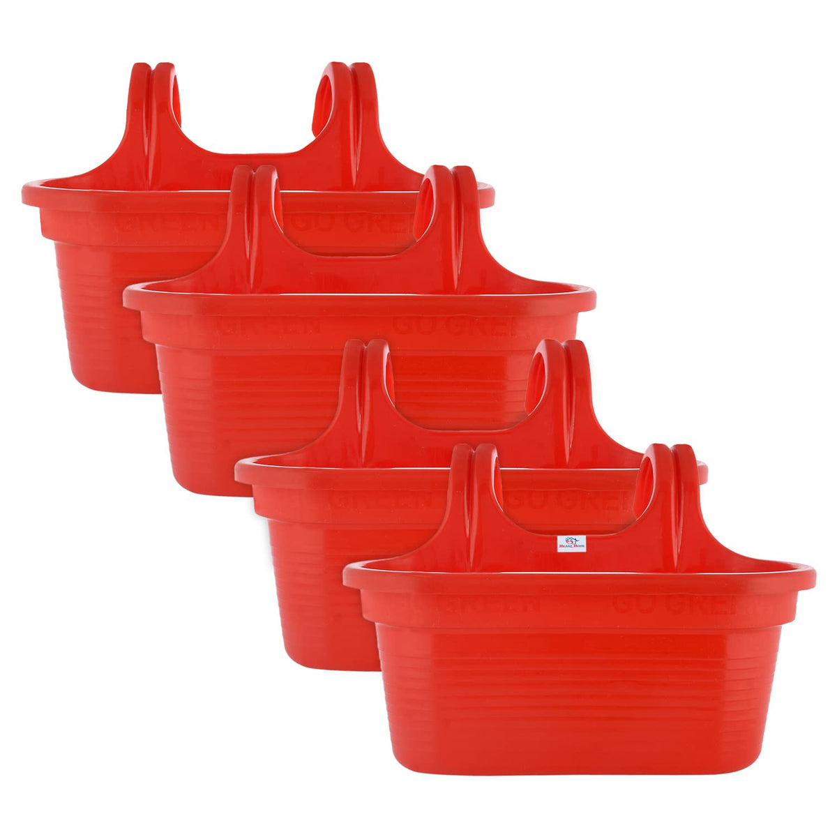 Heart Home Hanging Flower Pot|Double Hook Plant Container|Durable Plastic Glossy Finish Pots for Home|Balcony|Garden|12 Inch|Pack of 4 (Red)