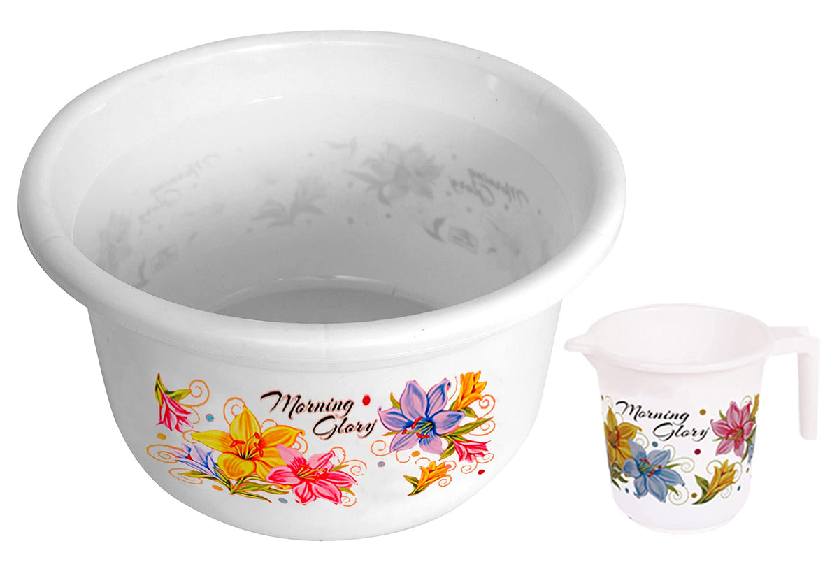 Kuber Industries Printed 2 Pieces Plastic Bathroom Tub & Mug Set (White)