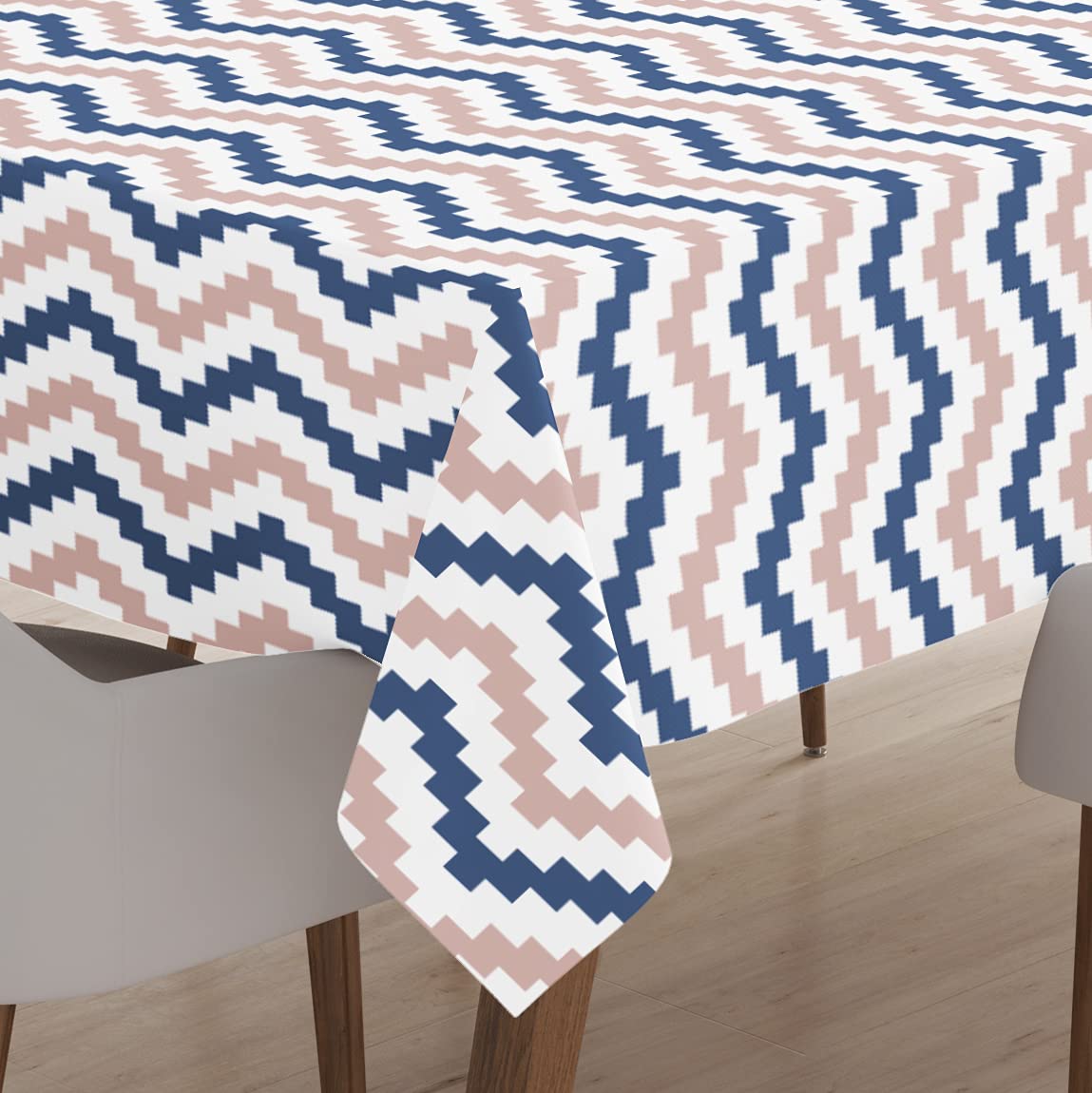 Encasa Homes Printed Table Cloth 7.5 ft for 6 to 8 Seater Dining Table, 100% Silky Polyester, Machine Wash to Remove Food Stains, Non-Fading, Non-Shrinking, Cheap & Durable - Chevron Blue