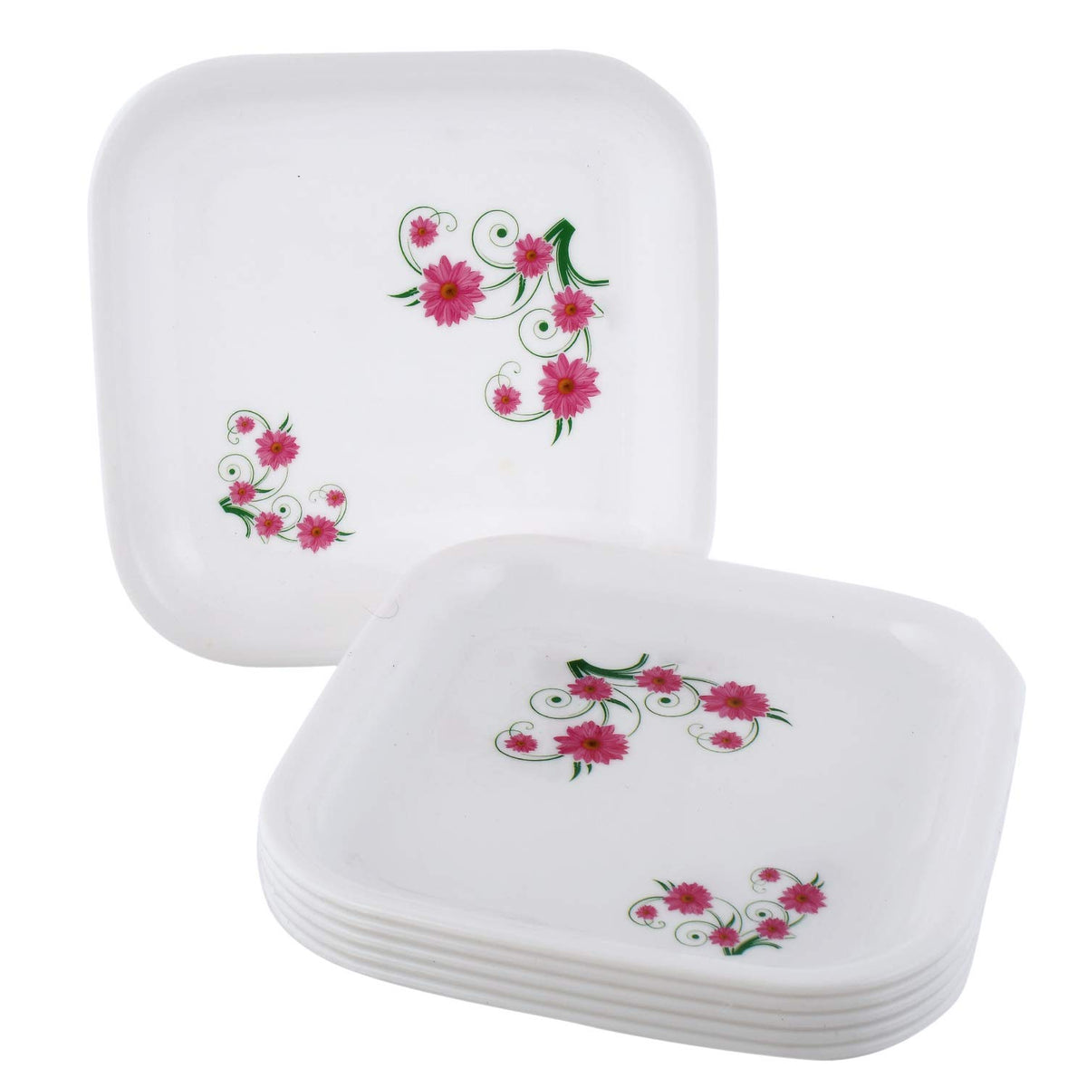 Kuber Industries Printed Small Square 6 Pieces Unbreakable Virgin Plastic Microwave Safe Dinner/Serving Plates (White) - CTLTC44429