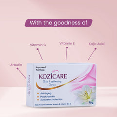 Kozicare Skin Lightening Soap with 0.50% Kojic Acid,0.50% Arbutin, 0.50% Vitamin C, 0.50% Vitamin E, 0.30% Glutathione |Sun screen protection |keeps your skin young and moisturised - 75g (Pack of 9)