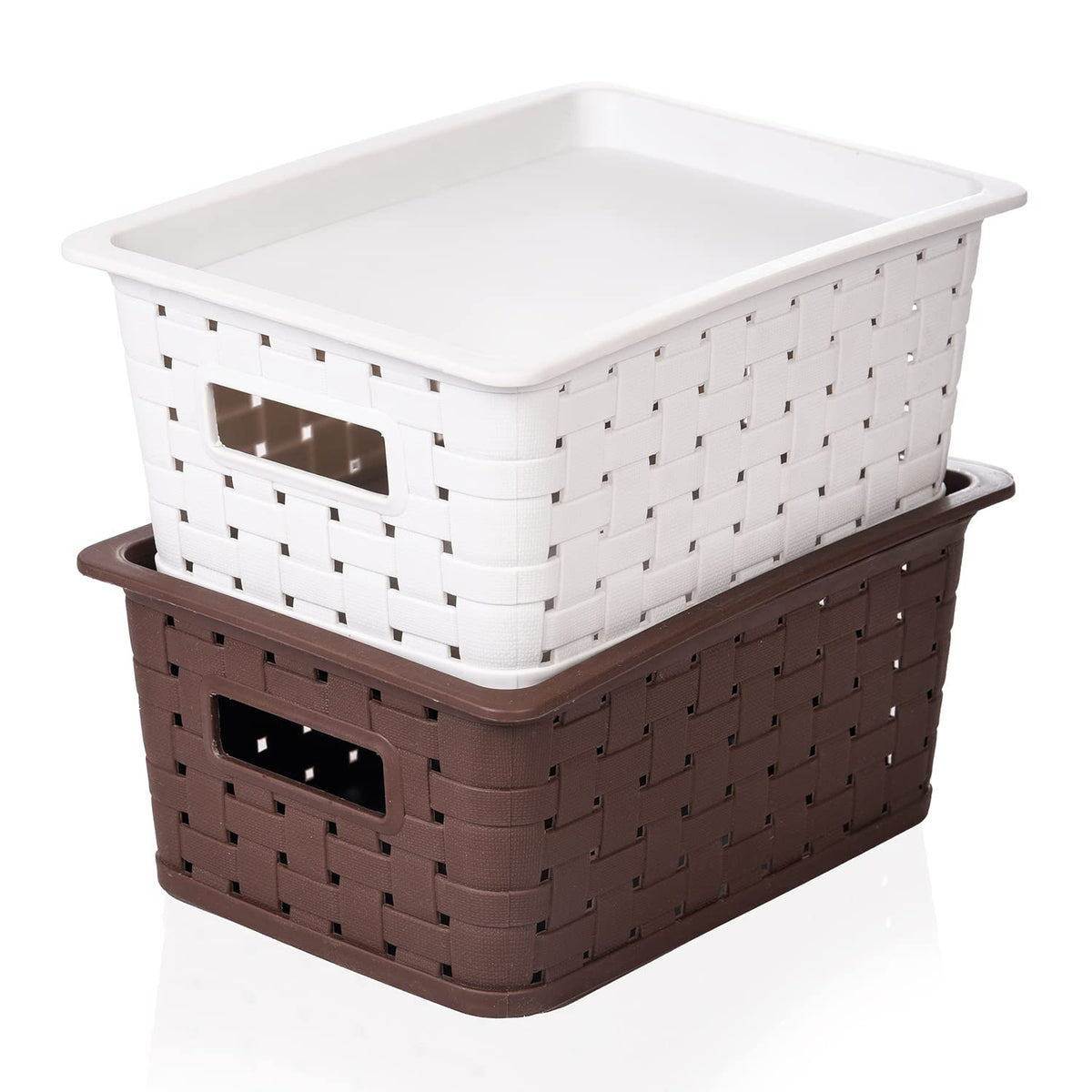 Kuber Industries BPA Free Attractive Design Multipurpose Large Trendy Storage Basket With Lid|Material-Plastic|Color-Brown,Grey|Pack of 2