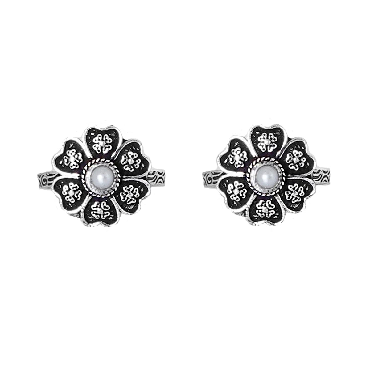 TEEJH Ruhi White Stone Silver Oxidised Toe Rings For Women - One Size