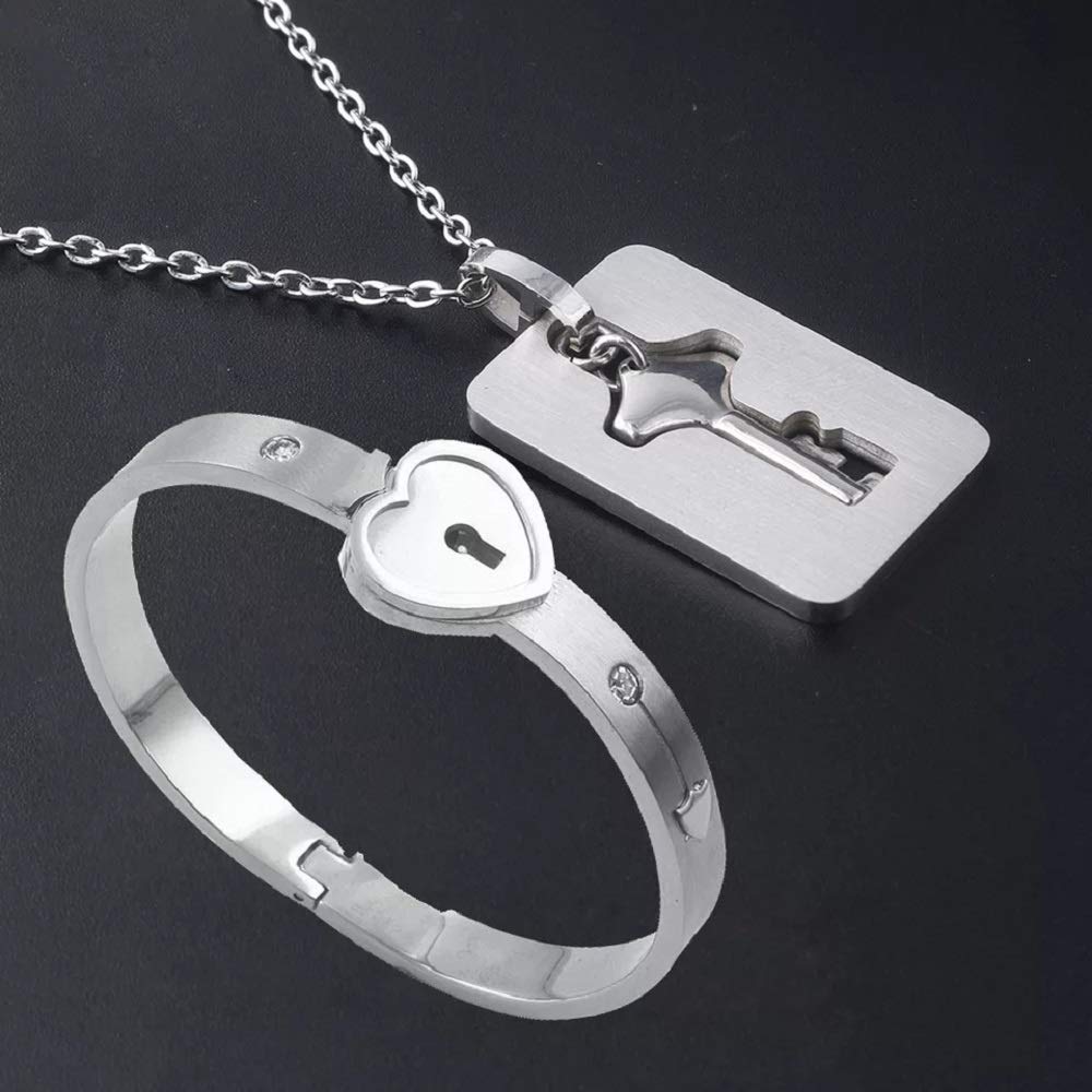 Lock Bracelet  Key Necklace Couple Heart Bangle Pendant Lover Jewelry His   Hers Matching Set