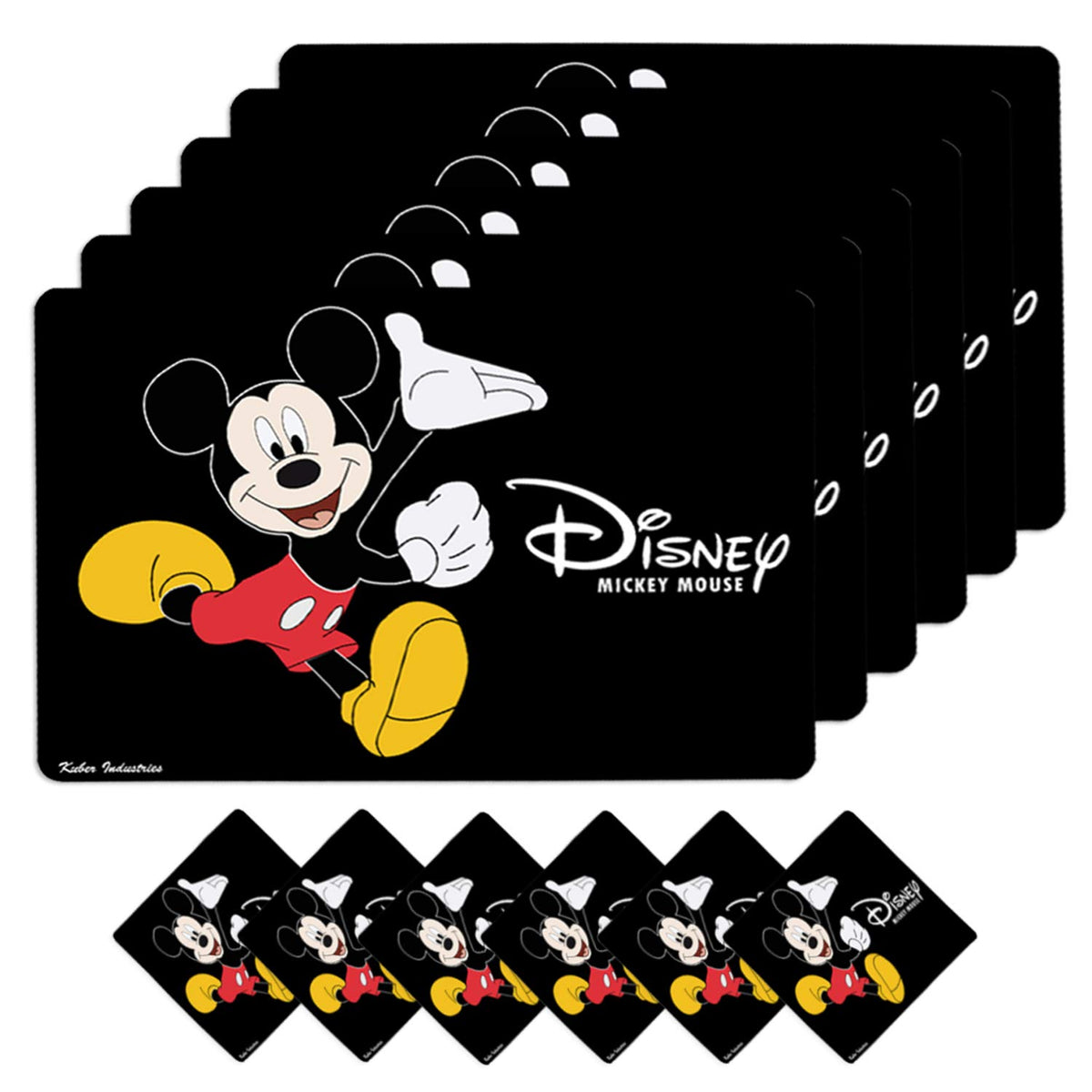 Kuber Industries Disney Mickey Mouse PVC 6 Pieces Dining Table Placemat with Tea Coasters Set (Black) - CTKTC46239