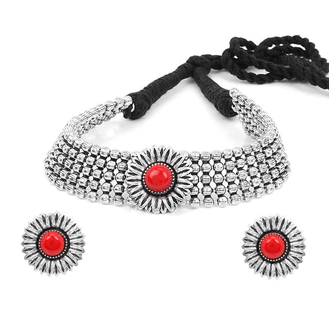 Yellow Chimes Jewellery Set for Women and Girls Traditional Silver Oxidised Jewellery Set Red Choker Set | Floral Shaped Choker Necklace Set for Women | Birthday Gift For Girls and Women Anniversary Gift for Wife