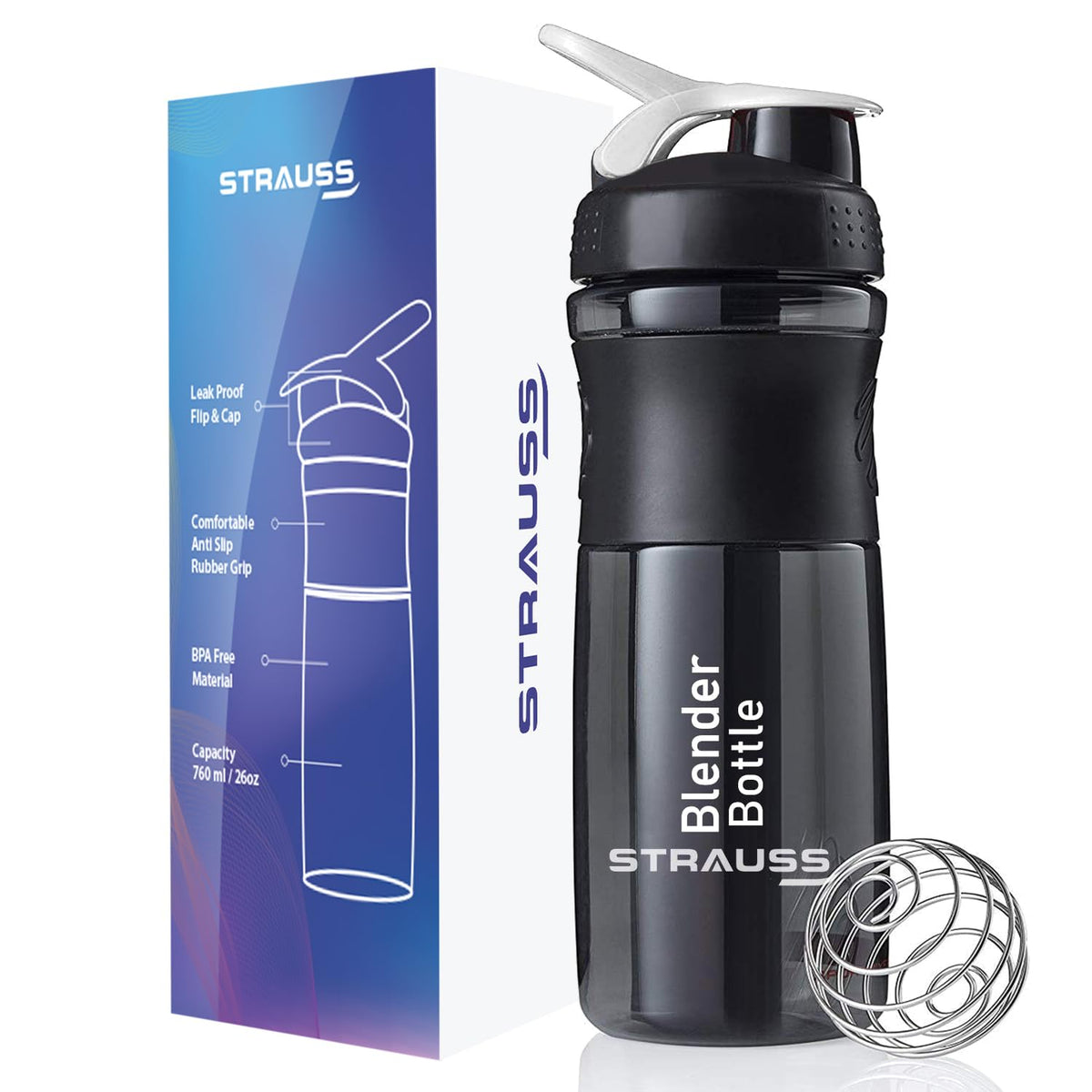 STRAUSS Blender Shaker Bottle | Leakproof Shaker Bottle for Protein Shake, Pre-workout and Bcaa Shake | Protein Shaker Bottle for Gym | Ideal for Men and Women | BPA-Free Material- 760 ML,(Black)