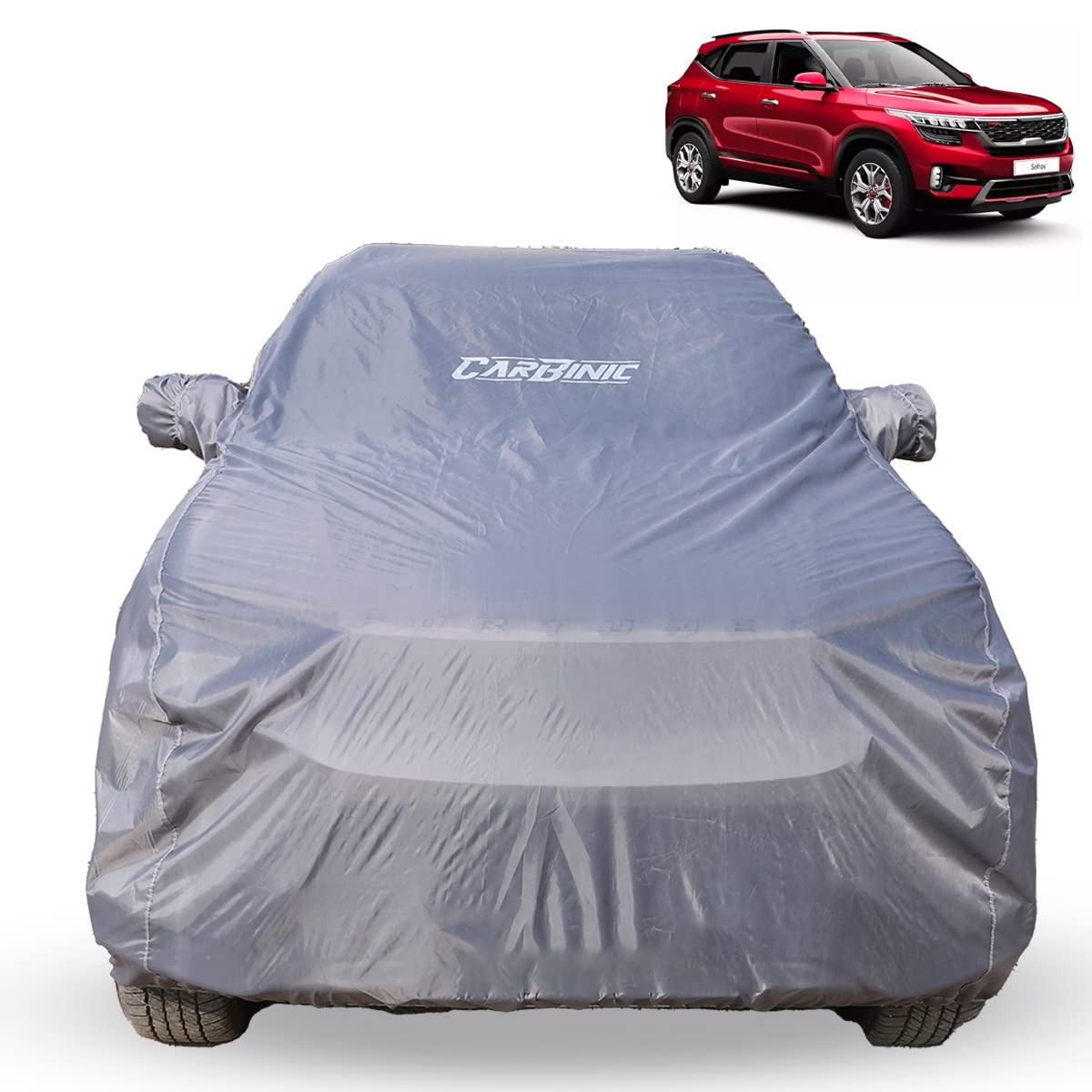 CARBINIC Car Body Cover for KIA Seltos 2019 | Water Resistant, UV Protection Car Cover | Scratchproof Body Shield | Dustproof All-Weather Cover | Mirror Pocket & Antenna | Car Accessories, Grey