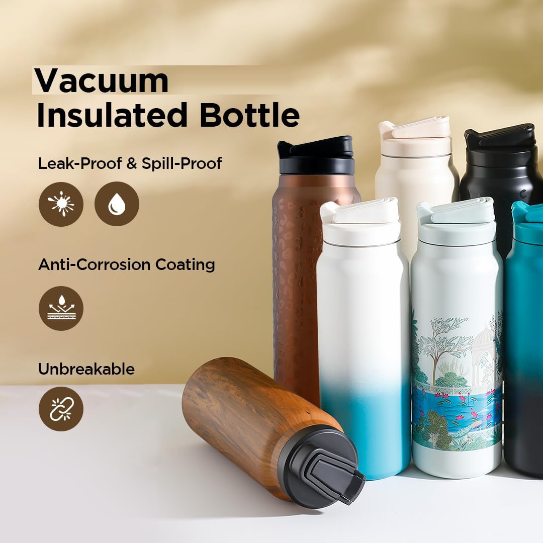 Homestic Water Bottle | Vacuum Insulated Travel Bottle | Gym Water Bottle | Hot & Cold Water Bottle | Wooden Print Bottle with Sipper Cap | DA230804 | 900 ML | Brown