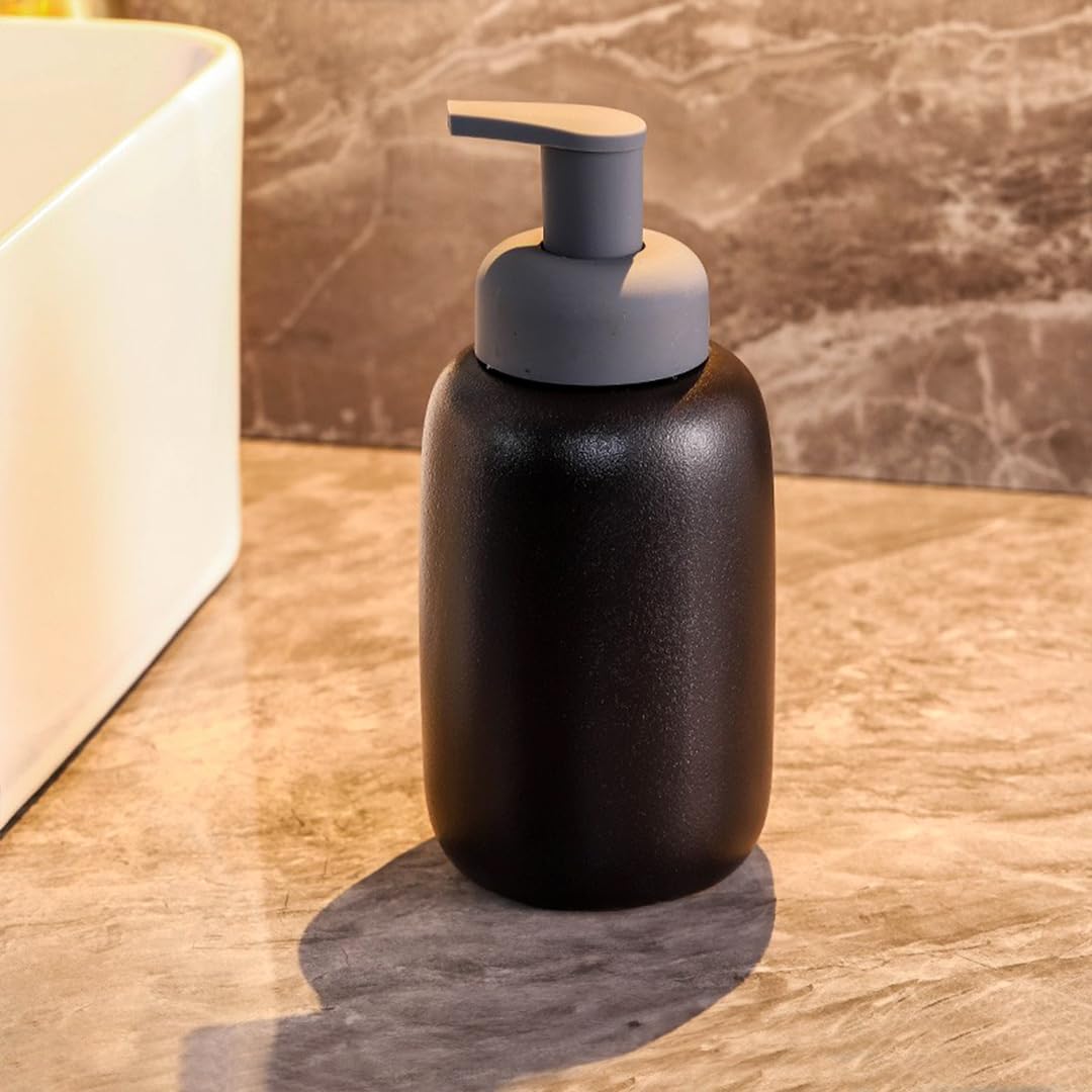 UMAI Liquid Soap Dispenser | Stoneware | Bathroom Sanitizer, Lotion, Shampoo Dispenser | Ceramic Handwash Bottle for Kitchen | Soap Dispenser for Wash Basin | Bathroom Accessories | 400ml (Black)