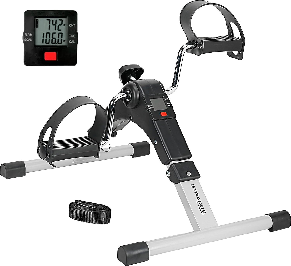 Strauss Digital Pedal Exercise Machine | Mini Fitness Cycle For Home With Fixing Strap | Adjustable Resistance Band & LCD Display | Foldable and Portable | Suitable for Light Exercise of Legs, Arms, & Physiotherapy at Home