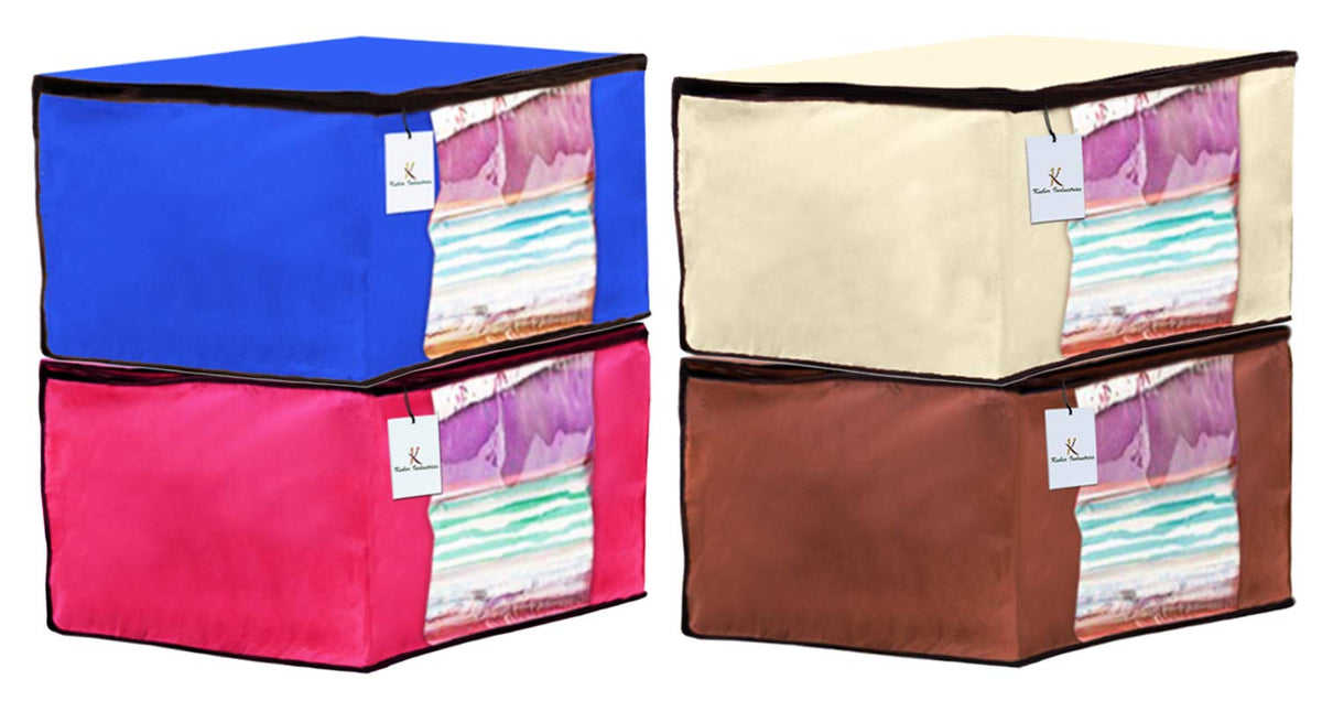 Kuber Industries 4 Piece Non Woven Fabric Saree Cover Set with Transparent Window, Extra Large, Pink,Royal Blue,Ivory,Dark brown-CTKTC23747