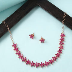 Yellow Chimes Jewellery Set for Women Rose Gold Toned AD/American Diamond Studded Pink Crystal Floral Designed Choker Necklace Set for Women and Girls