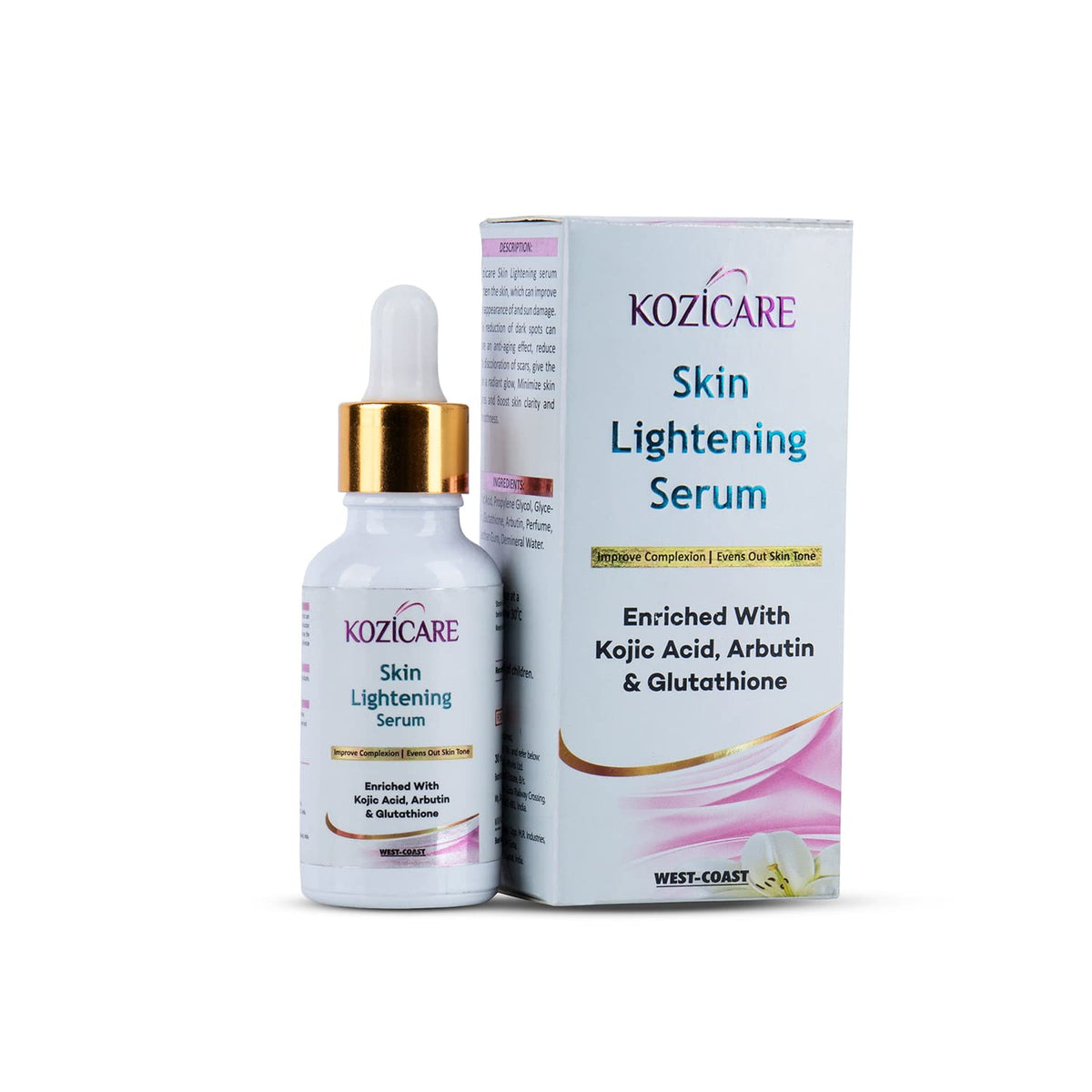 Kozicare Skin Lightening Serum Enriched with 2% Kojic Acid, 1% Glutathione, 5% Mulberry Extract, 1% Arbutin, 0.20% Allantoin |Maximum Brightening for Face, Neck & Body | Reduces Dark Spots, Hyperpigmentation -30ml