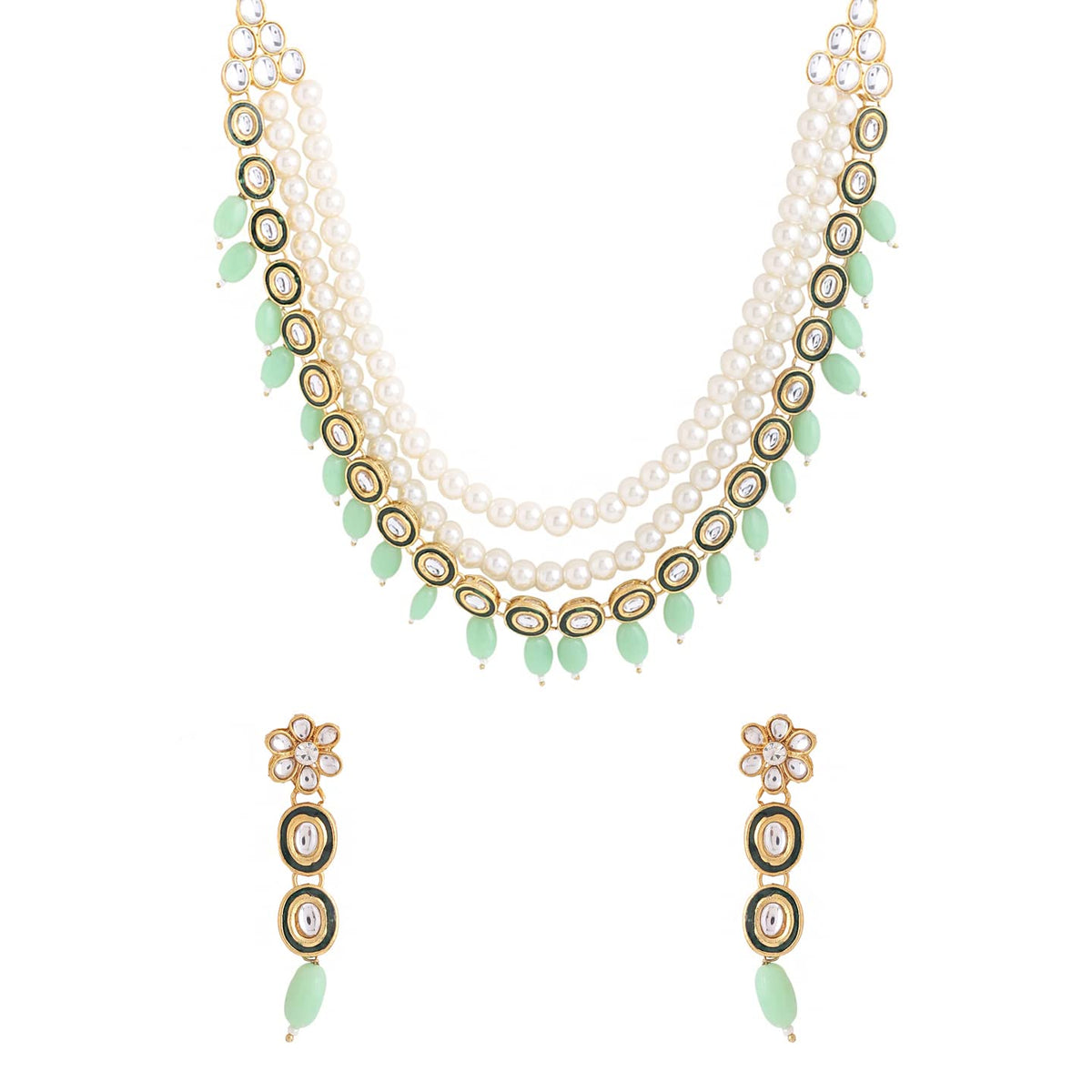 Yellow Chimes Jewellery Set for Women and Girls Kundan Necklace Set Gold Plated Kundan Studded White Pearl Beaded Beads Drop Necklace Set | Birthday Gift for girls and women Anniversary Gift for Wife