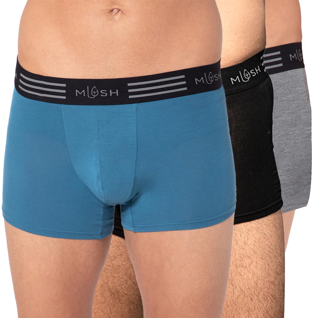 Mush Ultra Soft, Breathable, Feather Light Men's Bamboo Trunk || Naturally Anti-Odor and Anti-Microbial Bamboo Innerwear Pack of 3 (M, Grey Blue and Black)