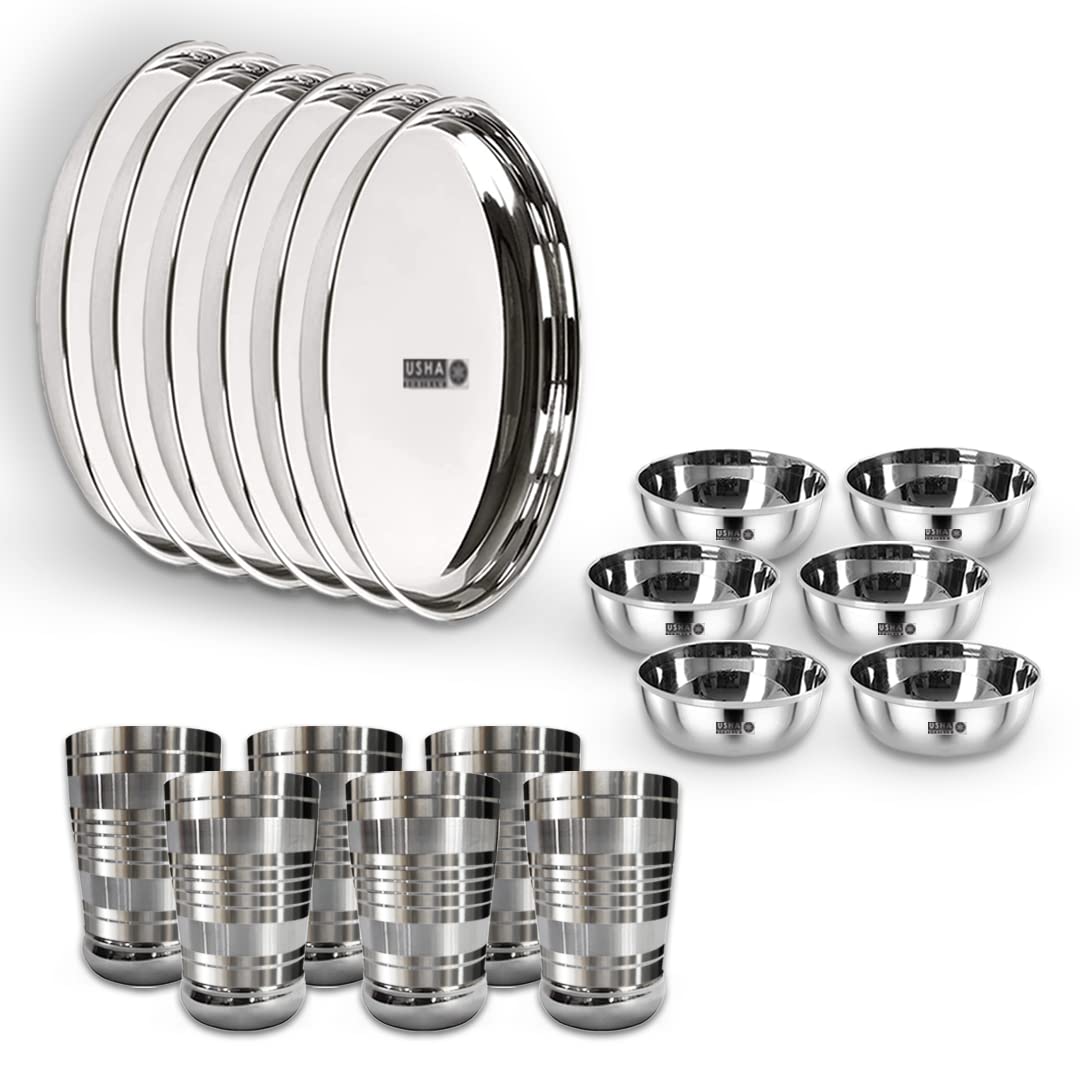 USHA SHRIRAM Stainless Steel Plate Bowl Glass Set | Family Dinner Gift Set | Quality SS, Deep Base | Glossy Finish, Durable, Easy to Clean, Stackable (Dinner Set - 18 Pcs)
