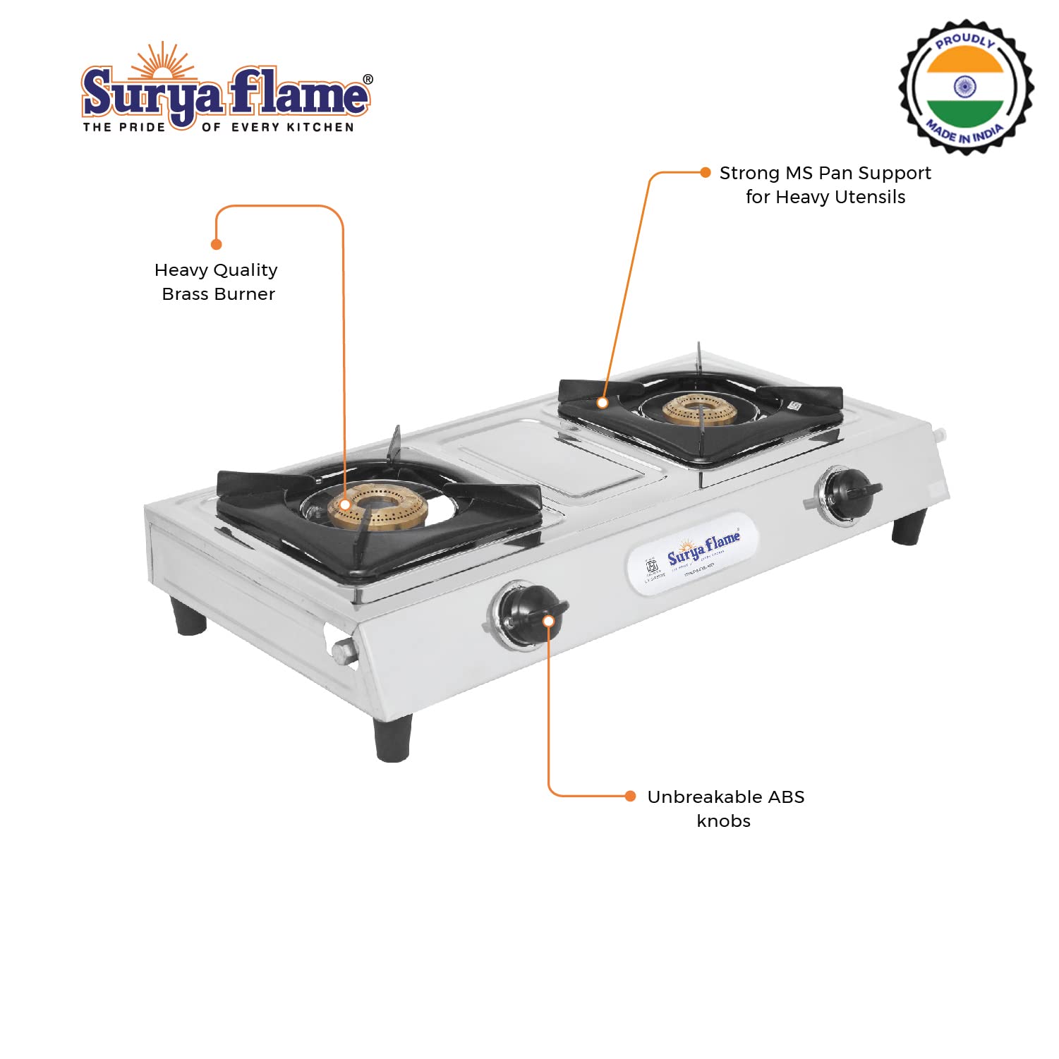 Surya Flame Venus Gas Stove, 2 Burner, Stainless Steel Body Manual LPG Stove, with Stainless Steel Pan Support - 2 Years Complete Doorstep Warranty