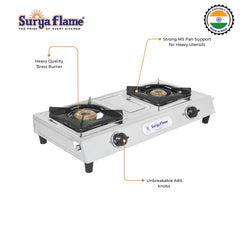 Surya Flame Venus Gas Stove, 2 Burner, Stainless Steel Body Manual LPG Stove, with 69% Thermal Efficiency - 2 Years Complete Doorstep Warranty